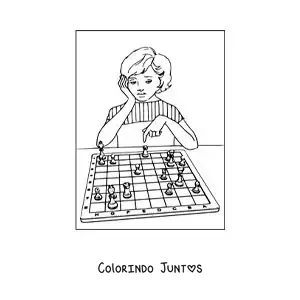 Desenho para colorir de uma menina jogando xadrez