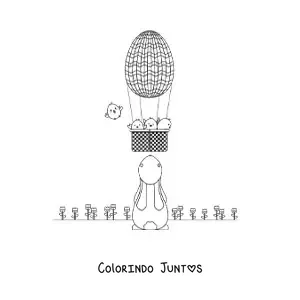 Desenho para colorir de um coelho animado e um balao de ar quente de Pascoa