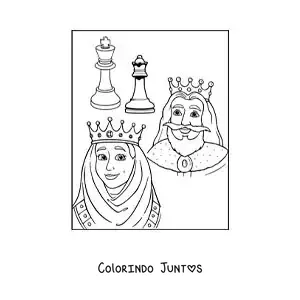 Desenho para colorir de peças da rainha e do rei do xadrez com reis de desenho
