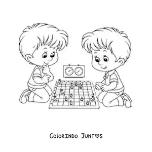 Desenho para colorir de duas crianças jogando xadrez