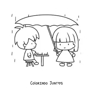 Desenho para colorir de duas crianças kawaii de desenho jogando xadrez na chuva