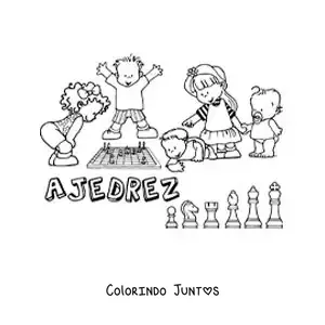 Desenho para colorir de crianças jogando xadrez e a palavra xadrez