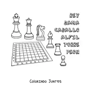 Desenho para colorir de tabuleiro e peças do xadrez com seus nomes