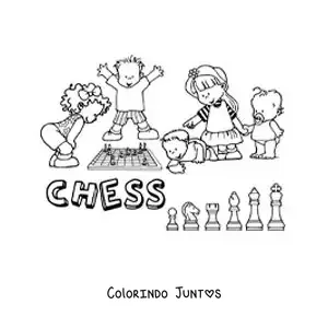 Desenho para colorir de crianças jogando xadrez e a palavra xadrez em inglês