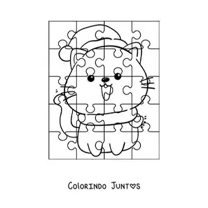 Desenho para colorir de quebra-cabeça natalino de um gato de desenho com um gorro