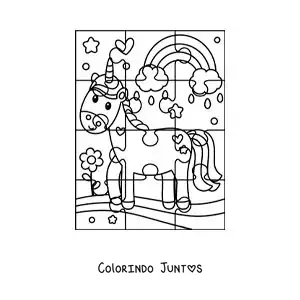 Desenho para colorir de quebra-cabeça recortável de um unicórnio de desenho com arco-íris