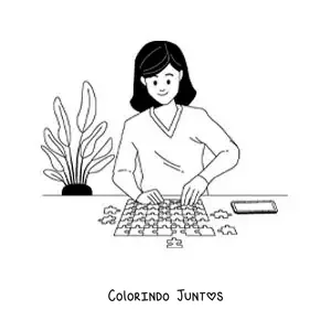 Desenho para colorir de menina montando um quebra-cabeça
