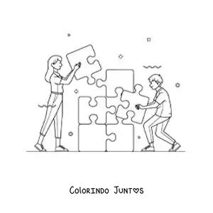 Desenho para colorir de crianças montando um quebra-cabeça