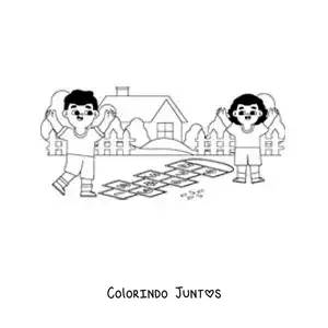 Desenho para colorir de crianças brincando de amarelinha