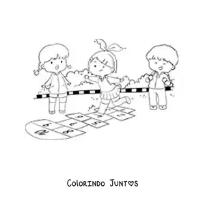 Desenho para colorir de crianças pulando na brincadeira tradicional de amarelinha