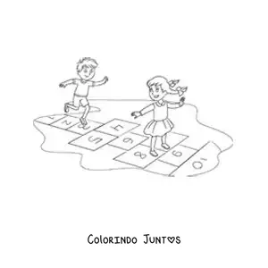 Desenho para colorir de duas crianças pulando na brincadeira tradicional de amarelinha