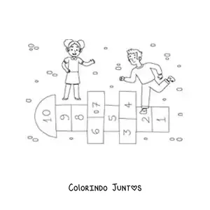Desenho para colorir de crianças brincando do jogo tradicional de amarelinha