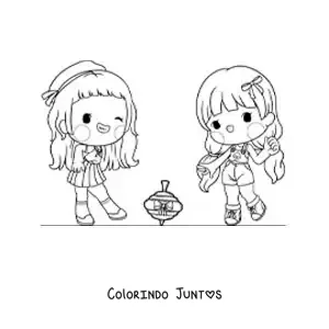 Desenho para colorir de meninas brincando com um pião