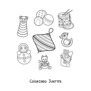 Desenho para colorir de um pião e outros brinquedos tradicionais