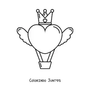 Desenho para colorir de um balao de ar quente em forma de coracao com asas