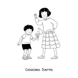 Desenho para colorir de menino japonês brincando com um kendama com a mãe