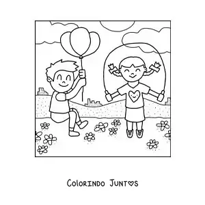 Desenho para colorir de menina pulando corda em um parque