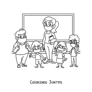 Desenho para colorir de uma professora junto a seus alunos de mascara