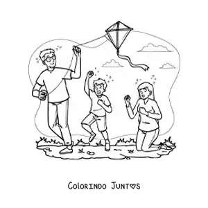 Desenho para colorir de crianças soltando pipa com o pai no parque