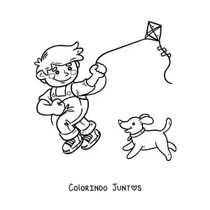 Desenho para colorir de menino soltando pipa com o cachorro