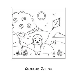 Desenho para colorir de menina soltando pipa no parque