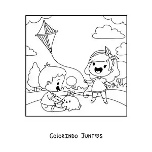 Desenho para colorir de meninas animadas soltando pipa no parque