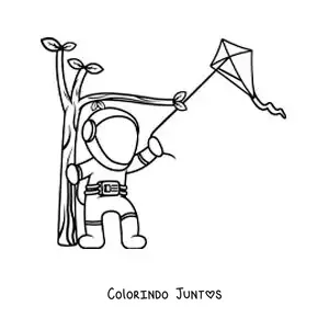Desenho para colorir de um astronauta soltando pipa no parque
