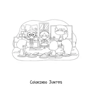 Desenho para colorir de uma professora e alunos em uma sala de aula de mascara
