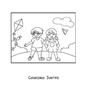 Desenho para colorir de duas crianças animadas soltando pipa no parque