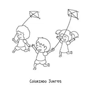 Desenho para colorir de crianças correndo e soltando pipas
