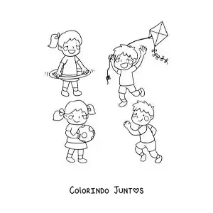 Desenho para colorir de um menino soltando pipa ao lado de outras crianças brincando