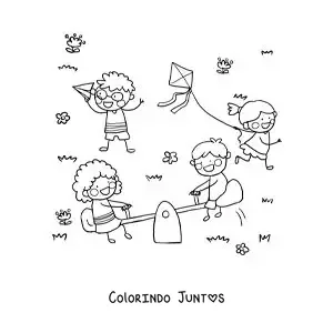 Desenho para colorir de uma menina soltando pipa ao lado de outras crianças no parque