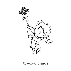 Desenho para colorir de um menino soltando pipa em estilo caricatura