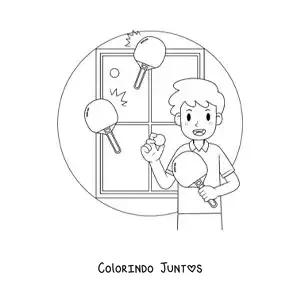 Desenho para colorir de menino com uma mesa e raquetes de pingue-pongue