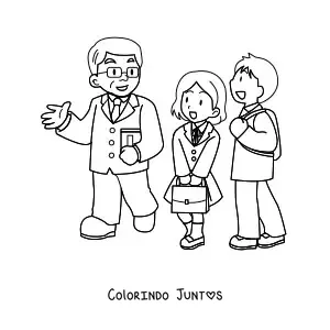 Desenho para colorir de um professor conversando com dois alunos do ensino medio
