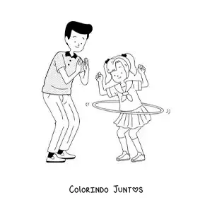 Desenho para colorir de menina e o pai brincando com bambolê