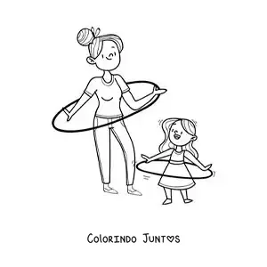 Desenho para colorir de menina e a mãe dançando com bambolê