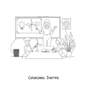 Desenho para colorir de uma professora e dois alunos em uma aula de ecologia
