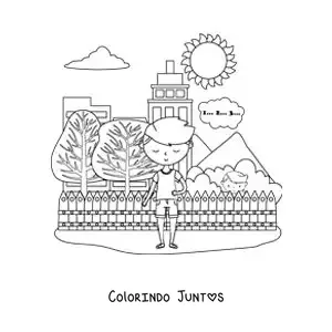 Desenho para colorir de crianças brincando de esconde-esconde na cidade