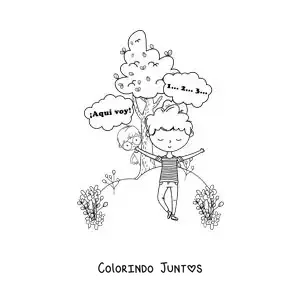 Desenho para colorir de crianças brincando de esconde-esconde em um parque