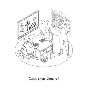Desenho para colorir de uma professora e dois alunos em uma sala de aula durante a aula