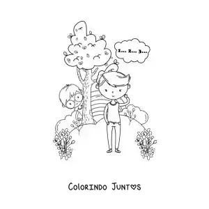 Desenho para colorir de crianças brincando de esconde-esconde