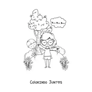 Desenho para colorir de crianças brincando de esconde-esconde