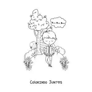 Desenho para colorir de menino escondido atrás de uma árvore brincando de esconde-esconde