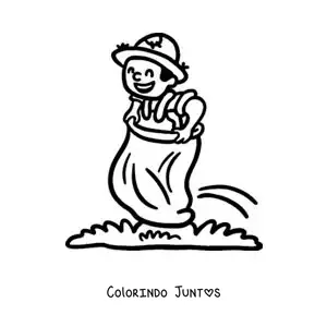 Desenho para colorir de um homem brincando em uma corrida de sacos