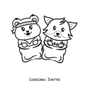 Desenho para colorir de animais animados em uma corrida de sacos