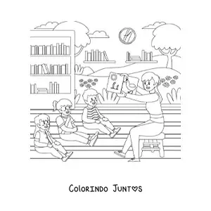 Desenho para colorir de uma professora ensinando tres alunos da educacao infantil