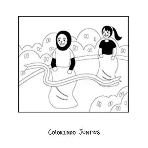 Desenho para colorir de duas meninas em uma corrida de sacos tradicional