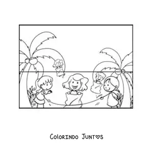 Desenho para colorir de meninas brincando de pular dentro de um saco na praia