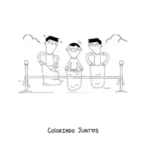 Desenho para colorir de crianças chegando à linha de chegada em uma corrida de sacos